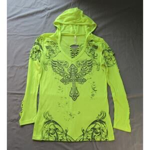 Goth Green Hoodie Cut Out Back & Long Sleeves Beaded Cross Angel Wings Large